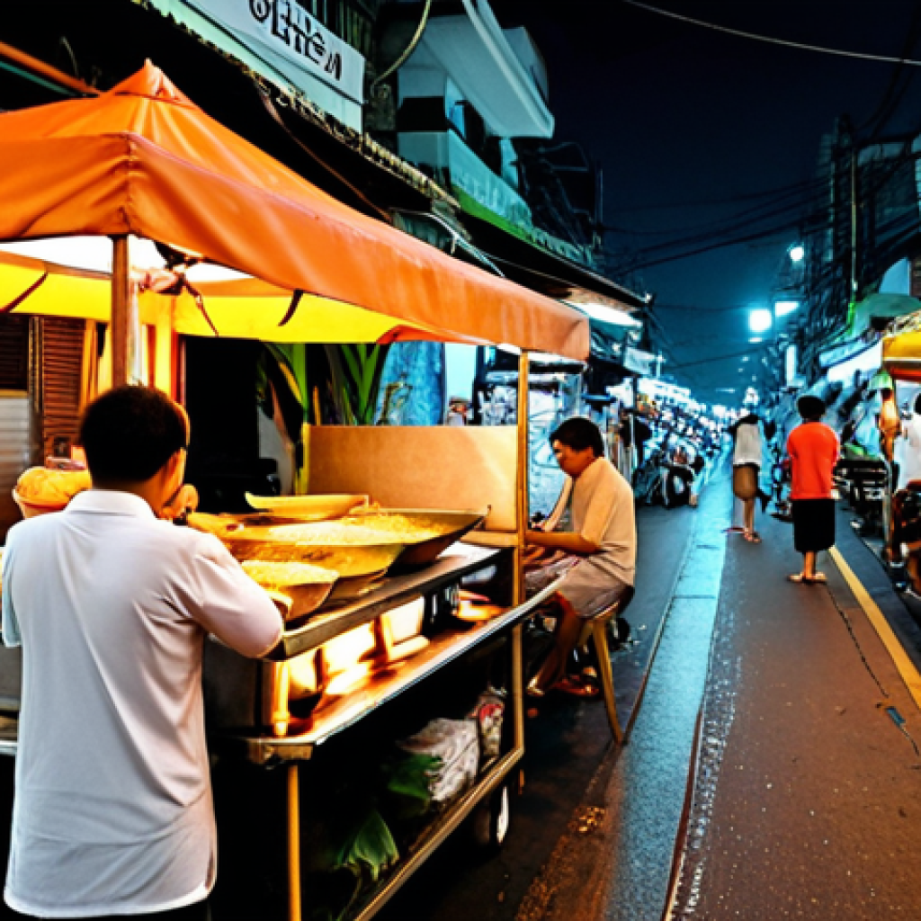 A vibrant Bangkok street food scene at night, showcasing affordable and delicious meals. Focus on the bustling atmosphere and variety of dishes like Pad Thai or mango sticky rice. Capture the essence of budget-friendly eating in the city.