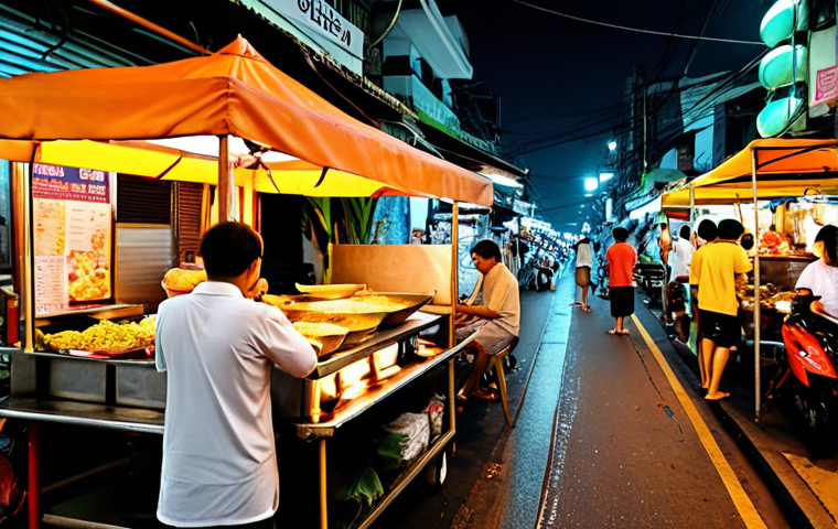 A vibrant Bangkok street food scene at night, showcasing affordable and delicious meals. Focus on the bustling atmosphere and variety of dishes like Pad Thai or mango sticky rice. Capture the essence of budget-friendly eating in the city.