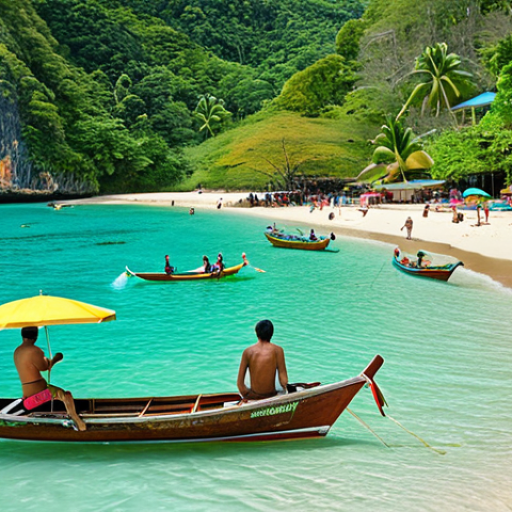A vibrant beach scene in Phuket, Thailand, during the dry season (November-April). Clear turquoise water, sunny skies, and tourists enjoying swimming, snorkeling, and sunbathing. Include longtail boats and lush green vegetation in the background. The overall mood should be relaxing and idyllic.