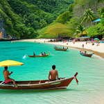 A vibrant beach scene in Phuket, Thailand, during the dry season (November-April). Clear turquoise water, sunny skies, and tourists enjoying swimming, snorkeling, and sunbathing. Include longtail boats and lush green vegetation in the background. The overall mood should be relaxing and idyllic.