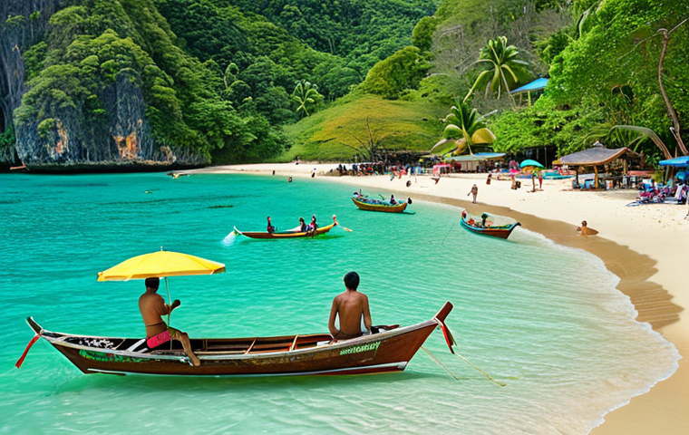 A vibrant beach scene in Phuket, Thailand, during the dry season (November-April). Clear turquoise water, sunny skies, and tourists enjoying swimming, snorkeling, and sunbathing. Include longtail boats and lush green vegetation in the background. The overall mood should be relaxing and idyllic.