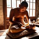 **

Prompt: A Thai artisan in Ayutthaya meticulously crafting a Buddha statue, showcasing the strict rules and spiritual devotion involved, with traditional tools and materials in a sunlit workshop.

**