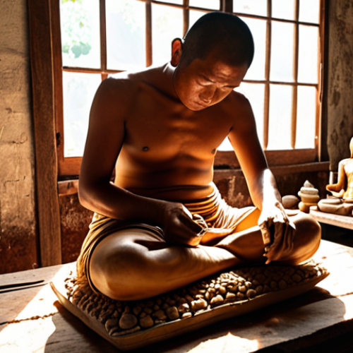 **

Prompt: A Thai artisan in Ayutthaya meticulously crafting a Buddha statue, showcasing the strict rules and spiritual devotion involved, with traditional tools and materials in a sunlit workshop.

**