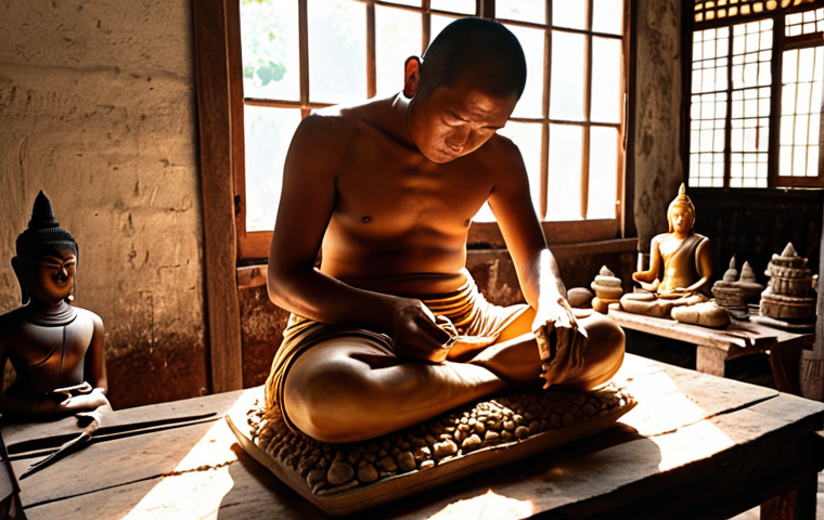 **

Prompt: A Thai artisan in Ayutthaya meticulously crafting a Buddha statue, showcasing the strict rules and spiritual devotion involved, with traditional tools and materials in a sunlit workshop.

**