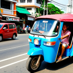 **

A vibrant, eye-level street scene in Bangkok, Thailand. A brightly colored tuk-tuk is weaving through traffic, with the driver smiling and interacting with a passenger. In the background, show a mix of modern buildings and traditional temples. Capture the energy and chaos of the city. Focus on the tuk-tuk as a unique and iconic symbol of Thai transportation.

**