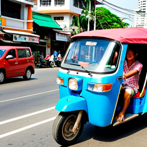 **

A vibrant, eye-level street scene in Bangkok, Thailand. A brightly colored tuk-tuk is weaving through traffic, with the driver smiling and interacting with a passenger. In the background, show a mix of modern buildings and traditional temples. Capture the energy and chaos of the city. Focus on the tuk-tuk as a unique and iconic symbol of Thai transportation.

**