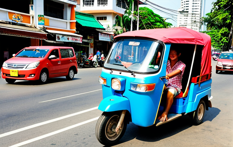 **

A vibrant, eye-level street scene in Bangkok, Thailand. A brightly colored tuk-tuk is weaving through traffic, with the driver smiling and interacting with a passenger. In the background, show a mix of modern buildings and traditional temples. Capture the energy and chaos of the city. Focus on the tuk-tuk as a unique and iconic symbol of Thai transportation.

**