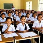 **

A brightly lit classroom in a rural Thai school. Children are smiling and receiving scholarships from representatives of a non-profit organization. The scene conveys hope and the promise of education. Focus on the children's radiant faces and the act of giving.

**