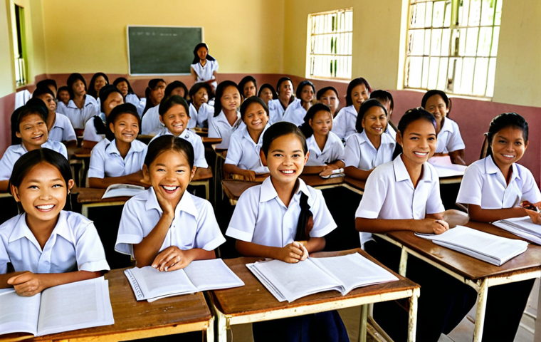 **

A brightly lit classroom in a rural Thai school. Children are smiling and receiving scholarships from representatives of a non-profit organization. The scene conveys hope and the promise of education. Focus on the children's radiant faces and the act of giving.

**