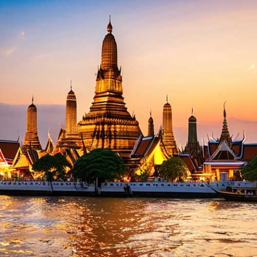 **Image of Wat Arun (Temple of Dawn) at sunset in Bangkok:** "A stunning photograph of Wat Arun at sunset, with the Chao Phraya River in the foreground. The temple's intricate porcelain decorations glisten under the golden light. Capture the serenity and grandeur of this iconic landmark. Focus on the vibrant colors and detailed architecture."