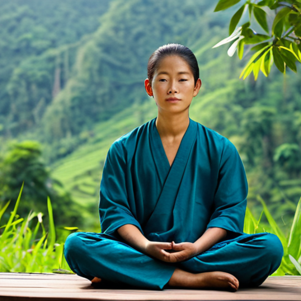 A serene individual in modest, loose-fitting attire, seated in a tranquil meditation pose amidst the lush green mountains of Northern Thailand. The scene emphasizes connection with nature and inner peace, with soft natural light filtering through the trees. The atmosphere is calm and reflective, showcasing a digital detox experience. Safe for work, appropriate content, fully clothed, family-friendly, perfect anatomy, correct proportions, natural pose, well-formed hands, proper finger count, professional photography, high quality.