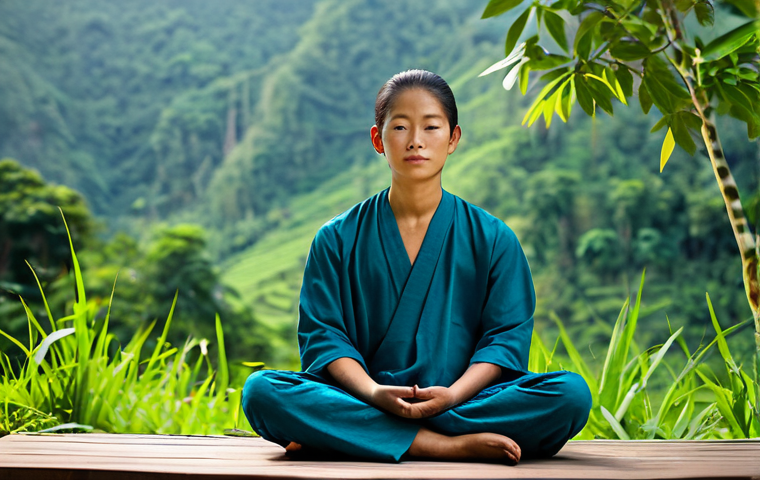A serene individual in modest, loose-fitting attire, seated in a tranquil meditation pose amidst the lush green mountains of Northern Thailand. The scene emphasizes connection with nature and inner peace, with soft natural light filtering through the trees. The atmosphere is calm and reflective, showcasing a digital detox experience. Safe for work, appropriate content, fully clothed, family-friendly, perfect anatomy, correct proportions, natural pose, well-formed hands, proper finger count, professional photography, high quality.