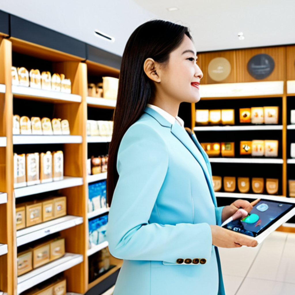 A professional Thai businesswoman in a modest, contemporary business suit, gracefully interacting with an interactive smart display in a brightly lit, modern omnichannel retail space. The store interior subtly incorporates traditional Thai architectural motifs and natural wood elements, showcasing eco-friendly products on elegant shelves. She maintains a natural pose, fully clothed, appropriate attire, safe for work, perfect anatomy, correct proportions, well-formed hands, proper finger count, natural body proportions, professional photography, high quality, family-friendly.
