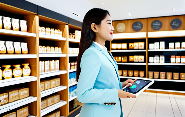 A professional Thai businesswoman in a modest, contemporary business suit, gracefully interacting with an interactive smart display in a brightly lit, modern omnichannel retail space. The store interior subtly incorporates traditional Thai architectural motifs and natural wood elements, showcasing eco-friendly products on elegant shelves. She maintains a natural pose, fully clothed, appropriate attire, safe for work, perfect anatomy, correct proportions, well-formed hands, proper finger count, natural body proportions, professional photography, high quality, family-friendly.