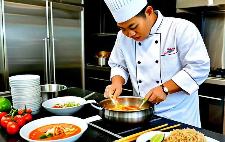 Talented Thai Chef Preparing Food**

"A professional Thai chef in a clean, modern kitchen, fully clothed in a chef's uniform, preparing Tom Yum soup, appropriate attire, safe for work, perfect anatomy, natural proportions, professional food photography, high quality, vibrant colors, ingredients artfully arranged, modest presentation, family-friendly."

**