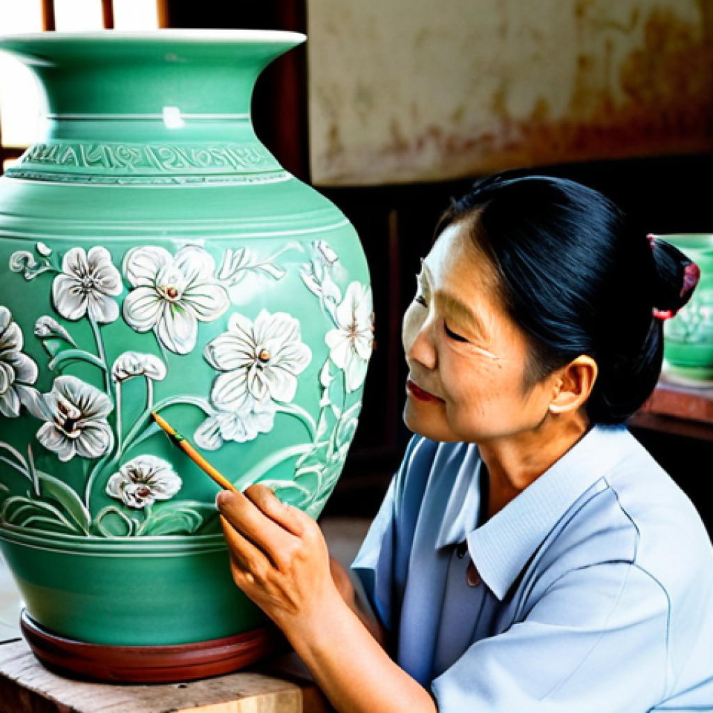 태국의 공예품 산업 - Thai Ceramics**

"A skilled artisan carefully painting intricate floral designs on a Celadon ceramic...