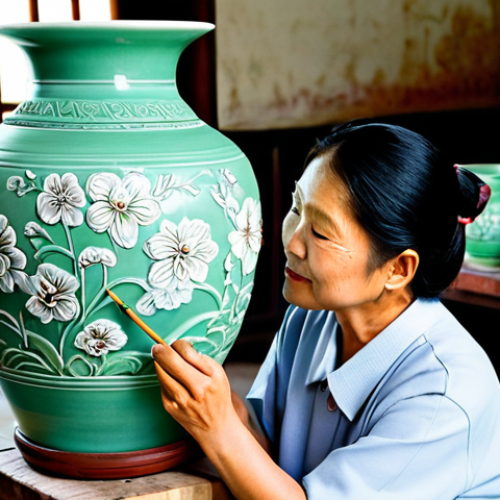 태국의 공예품 산업 - Thai Ceramics**

"A skilled artisan carefully painting intricate floral designs on a Celadon ceramic...