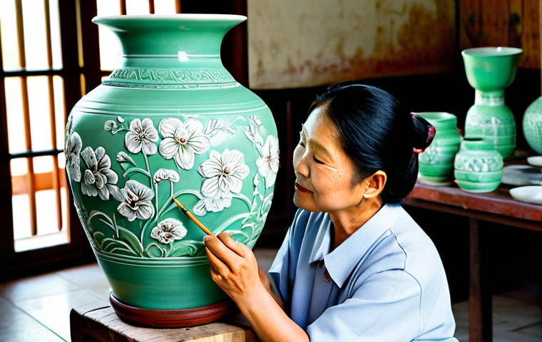 태국의 공예품 산업 - Thai Ceramics**

"A skilled artisan carefully painting intricate floral designs on a Celadon ceramic...