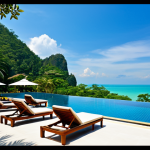 태국의 글로벌 경제 기여 - **Prompt:** "A luxurious Thai resort nestled amongst lush tropical gardens, infinity pool overlookin...
