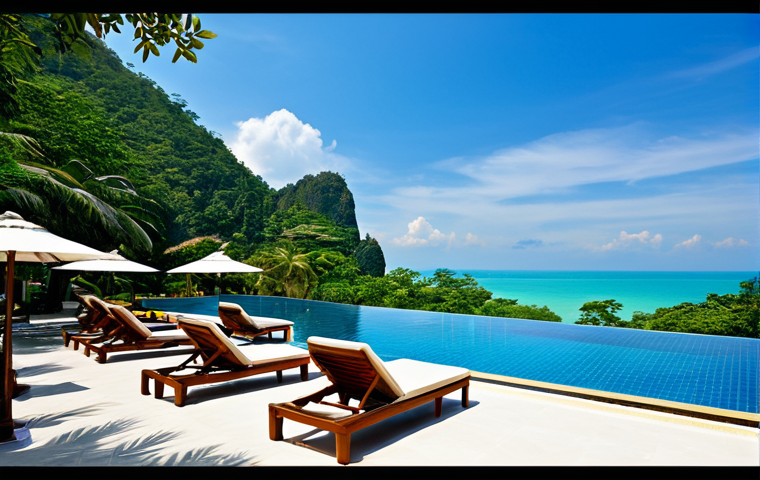 태국의 글로벌 경제 기여 - **Prompt:** "A luxurious Thai resort nestled amongst lush tropical gardens, infinity pool overlookin...