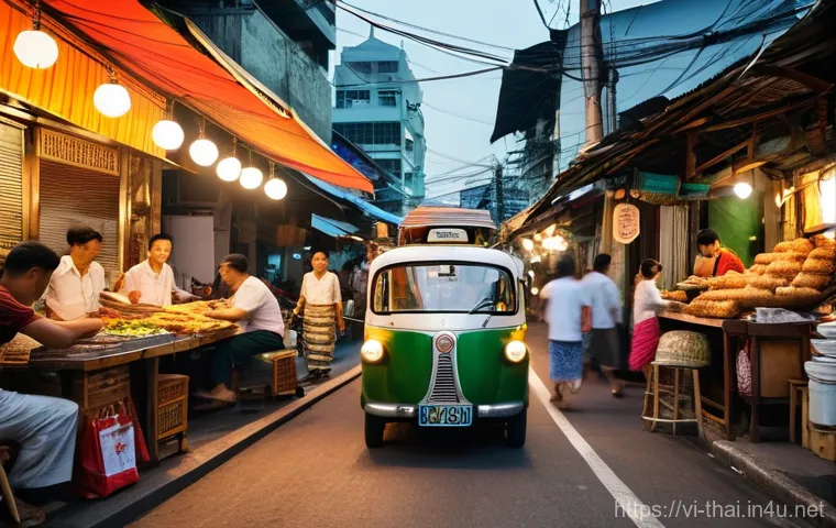태국 주요 도시와 특징 - **Prompt:** A vibrant and bustling street scene in Bangkok, Thailand, capturing the harmonious blend...