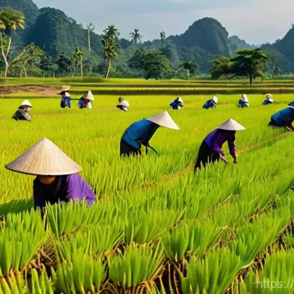 태국의 농업 경제 - **A Vibrant Thai Harvest Scene:** A sprawling, golden rice field in rural Thailand, bathed in the wa...
