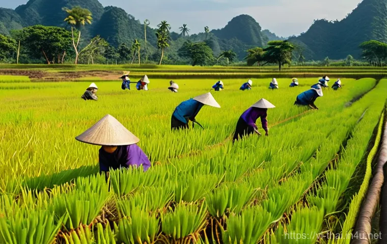 태국의 농업 경제 - **A Vibrant Thai Harvest Scene:** A sprawling, golden rice field in rural Thailand, bathed in the wa...
