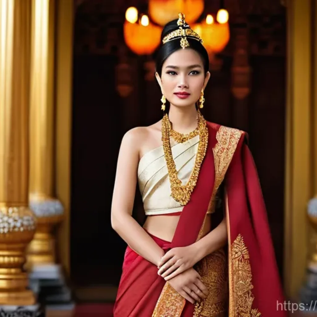 태국의 전통 직물 - **A Regal Thai Woman in a Temple Setting:**
A graceful Thai woman, aged 25-35, stands elegantly ...