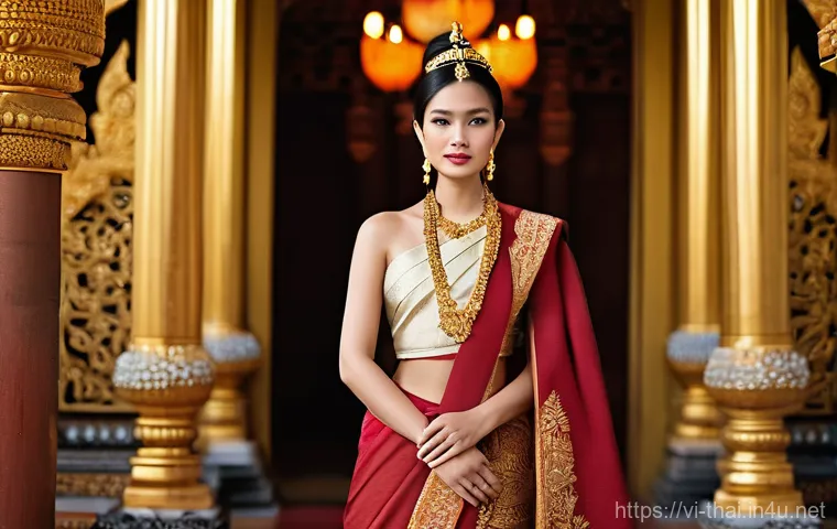 태국의 전통 직물 - **A Regal Thai Woman in a Temple Setting:**
A graceful Thai woman, aged 25-35, stands elegantly ...
