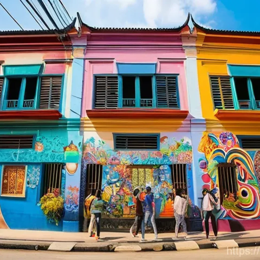 태국의 야외 예술 전시 - **Vibrant Bangkok Street Art Mural:** A wide shot of a bustling, colorful street art mural spanning ...