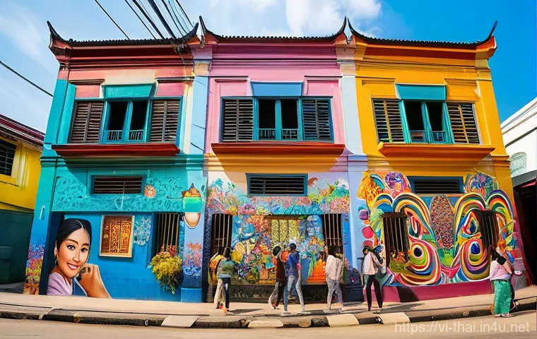 태국의 야외 예술 전시 - **Vibrant Bangkok Street Art Mural:** A wide shot of a bustling, colorful street art mural spanning ...