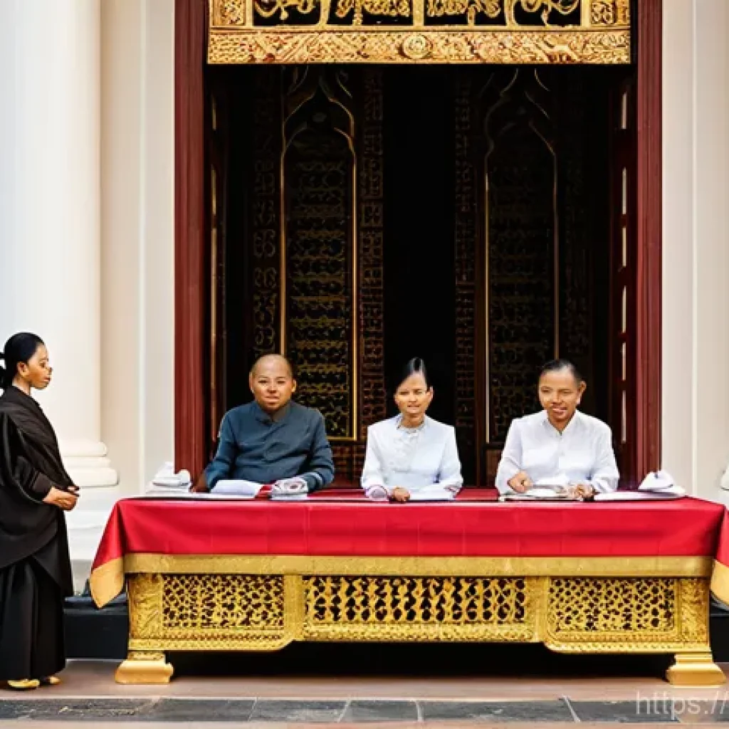 태국 현대 정치 이슈 - **Prompt:** "A solemn and weighty scene in a grand, traditional Thai government chamber. Older, dist...