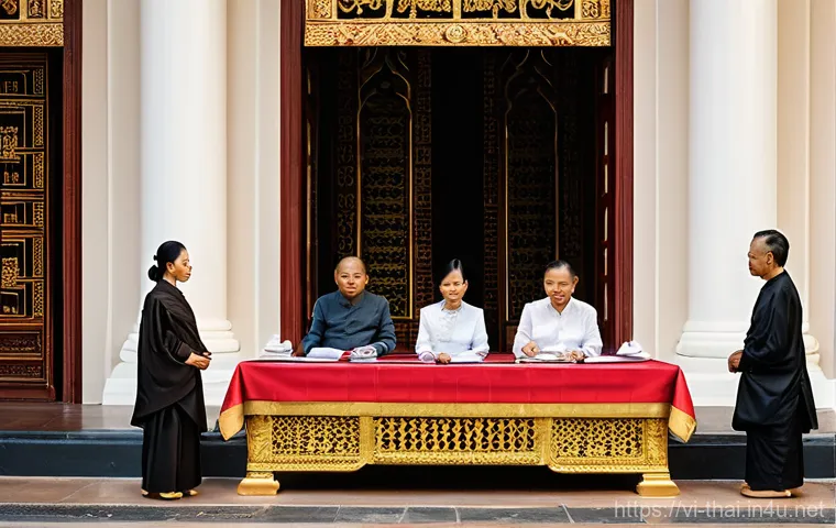 태국 현대 정치 이슈 - **Prompt:** "A solemn and weighty scene in a grand, traditional Thai government chamber. Older, dist...