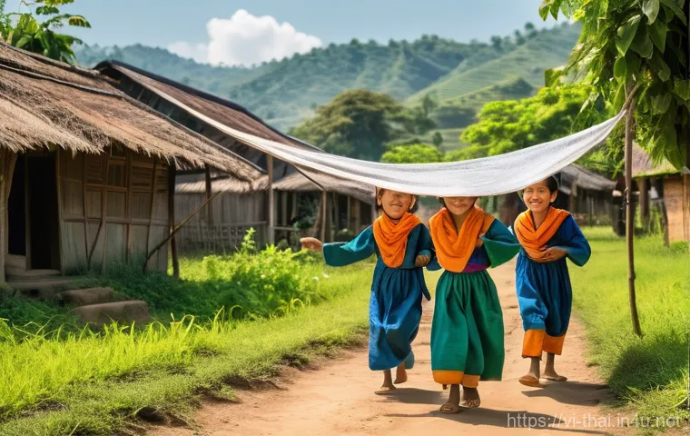 태국 전통 놀이 - **Prompt: Joyful "Mon Son Pha" in Rural Chiang Mai**
    "A vibrant, sun-drenched scene capturing a ...