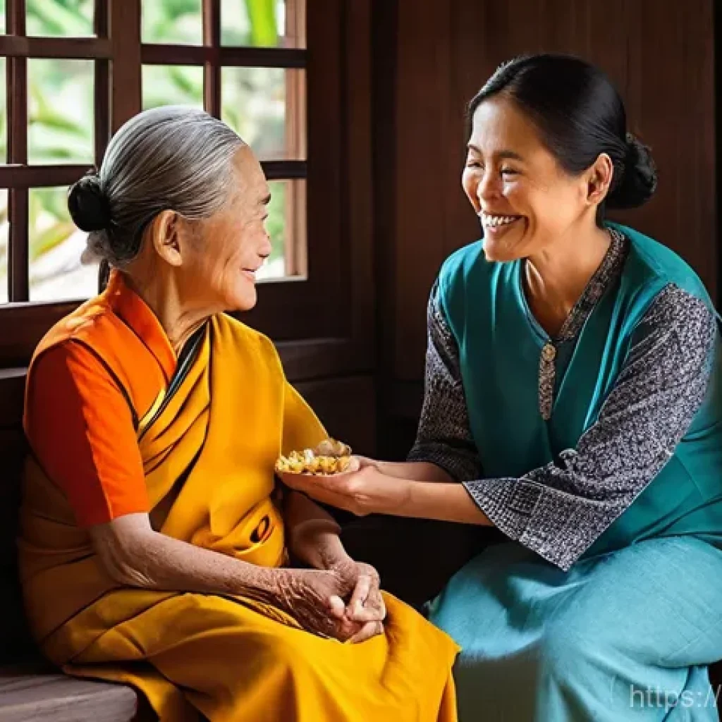 태국의 최신 영화 제작 - **Prompt:** A heartwarming scene inside a traditional yet cozy Thai home. An elderly Thai grandmothe...