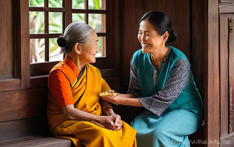 태국의 최신 영화 제작 - **Prompt:** A heartwarming scene inside a traditional yet cozy Thai home. An elderly Thai grandmothe...
