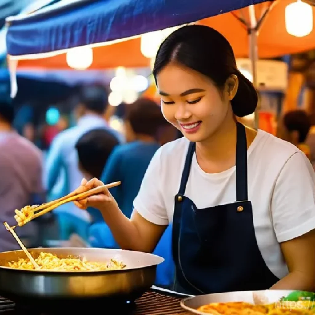태국어 기본 문장 - **Vibrant Thai Street Food Evening**
    A lively, bustling Thai night market scene. In the foregrou...