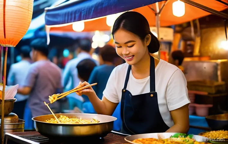 태국어 기본 문장 - **Vibrant Thai Street Food Evening**
A lively, bustling Thai night market scene. In the foregrou...