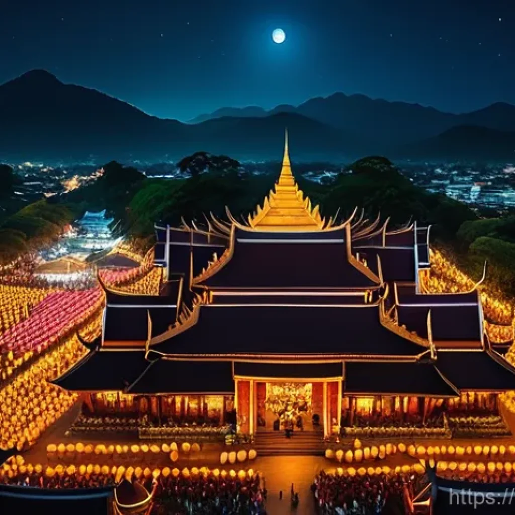 태국 유명 관광지 - A vibrant aerial view of Chiang Mai during the Yi Peng festival. Hundreds of glowing paper lanterns ...