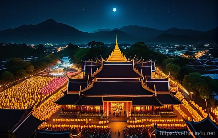 태국 유명 관광지 - A vibrant aerial view of Chiang Mai during the Yi Peng festival. Hundreds of glowing paper lanterns ...