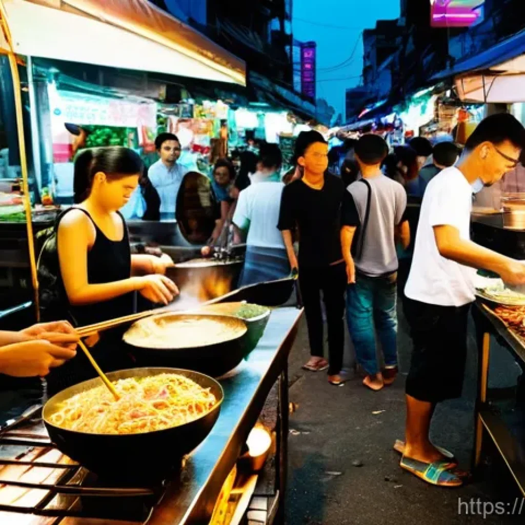 태국의 도시 및 시골 교류 - **Prompt:** A bustling Bangkok street scene at dusk, with vibrant neon lights illuminating towering ...