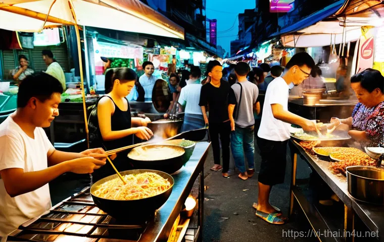 태국의 도시 및 시골 교류 - **Prompt:** A bustling Bangkok street scene at dusk, with vibrant neon lights illuminating towering ...