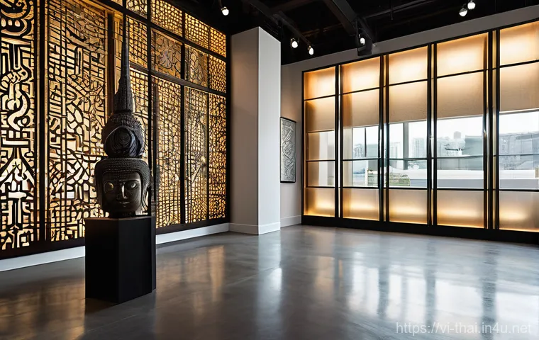 태국의 현대 미술의 역할 - Image Prompt 1: "Harmony of Ancient Thai Spirituality and Modern Design"** 태국의 현대 미술의 역할 - Image Prompt 1: "Harmony of Ancient Thai Spirituality and Modern Design"**