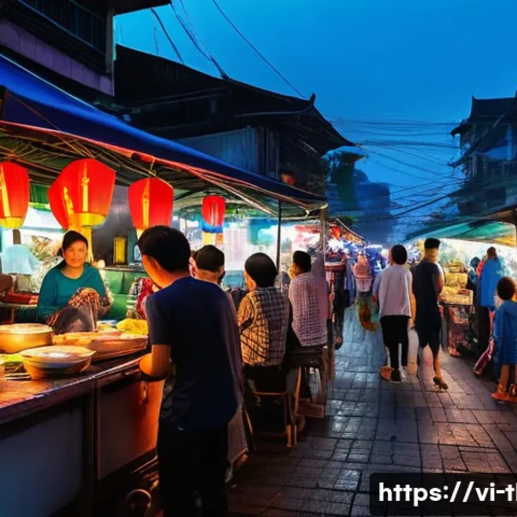 방콕 야시장 - A bustling Vietnamese night market scene at dusk, vibrant neon lights and colorful lanterns illumina...