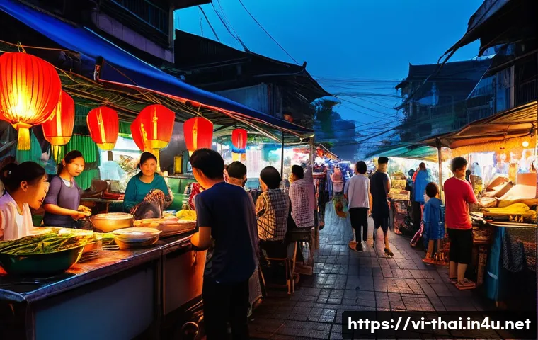 방콕 야시장 - A bustling Vietnamese night market scene at dusk, vibrant neon lights and colorful lanterns illumina...