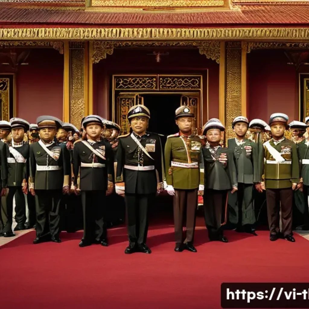 태국의 군사 쿠데타 - A detailed political scene depicting the Thai military's influence on government power: show a group...