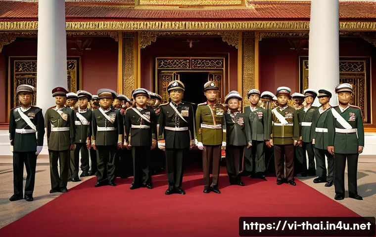 태국의 군사 쿠데타 - A detailed political scene depicting the Thai military's influence on government power: show a group...