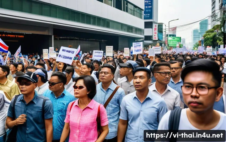 태국의 최신 뉴스 분석 - A vibrant street scene in Bangkok during a peaceful political protest, featuring diverse groups of p...