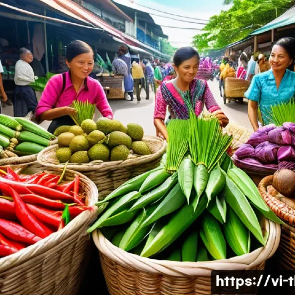 태국의 요리 학교 경험 - A vibrant Thai market scene filled with fresh tropical ingredients such as lemongrass, kaffir lime l...