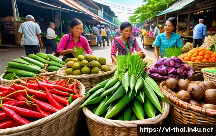 태국의 요리 학교 경험 - A vibrant Thai market scene filled with fresh tropical ingredients such as lemongrass, kaffir lime l...